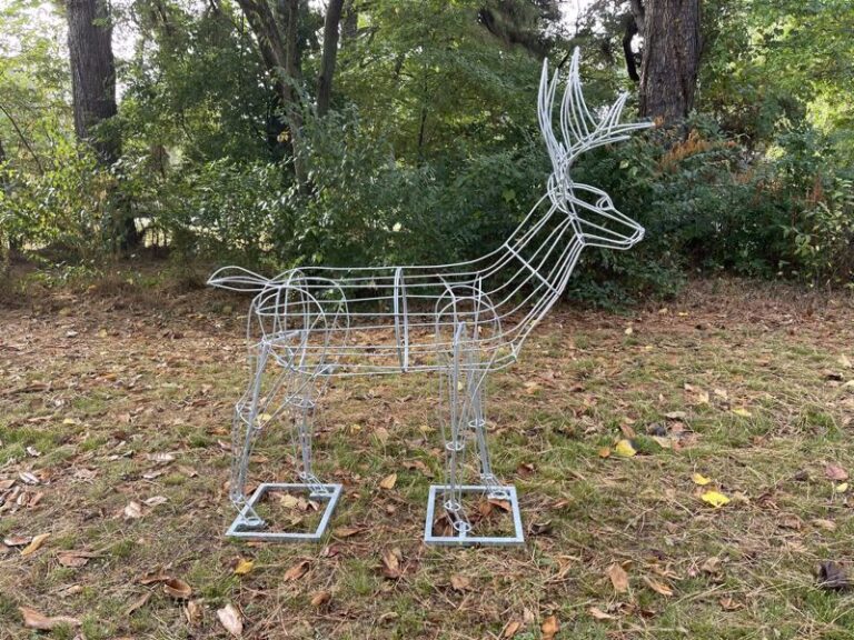Welded wire stag frame with antlers, head turned right, on square base plates in a wooded yard
