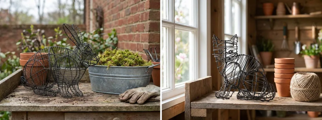 A bare wire rabbit frame on a garden potting table beside a tub of moss and a pair of gloves, and a bare wire sitting kitten frame on a shelf by a window.