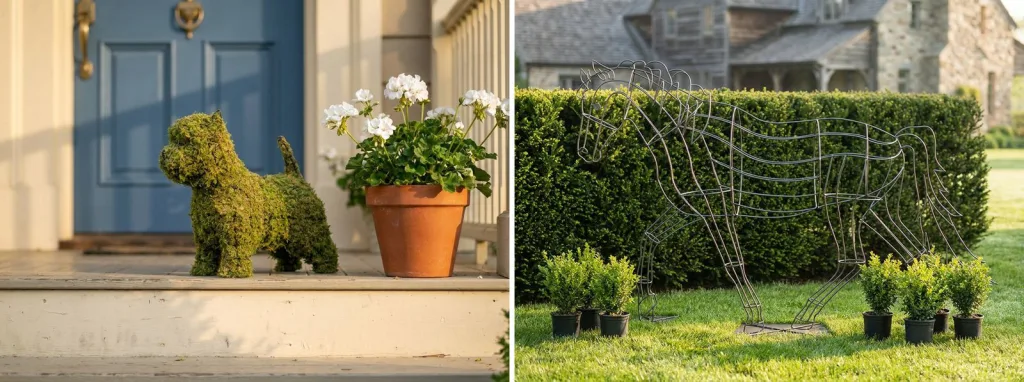 A mossed dog topiary on a front porch step beside a potted geranium, and a bare wire horse frame set over a clipped hedge on a lawn.
