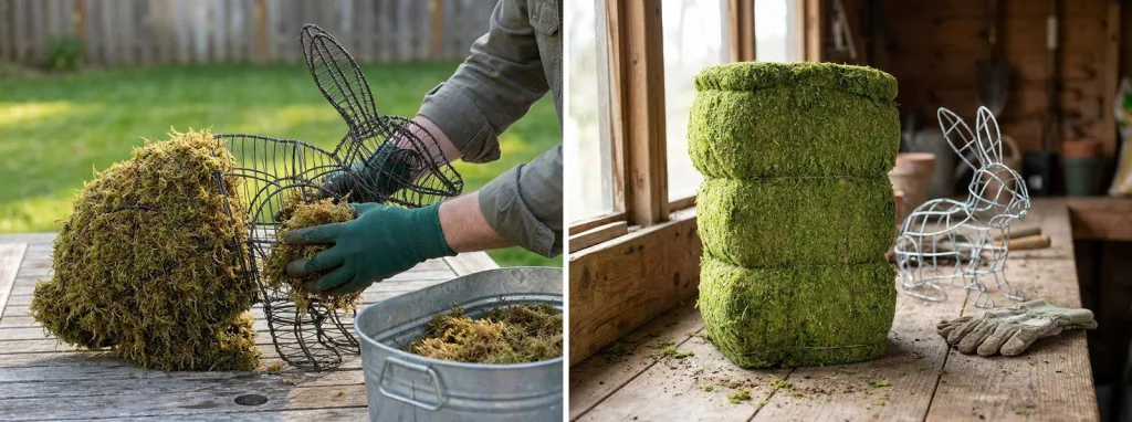 Gloved hands pressing damp sphagnum moss into the chest of a half-packed wire rabbit frame on a patio table, and a bale of green sphagnum moss beside a bare wire rabbit frame on a potting bench.