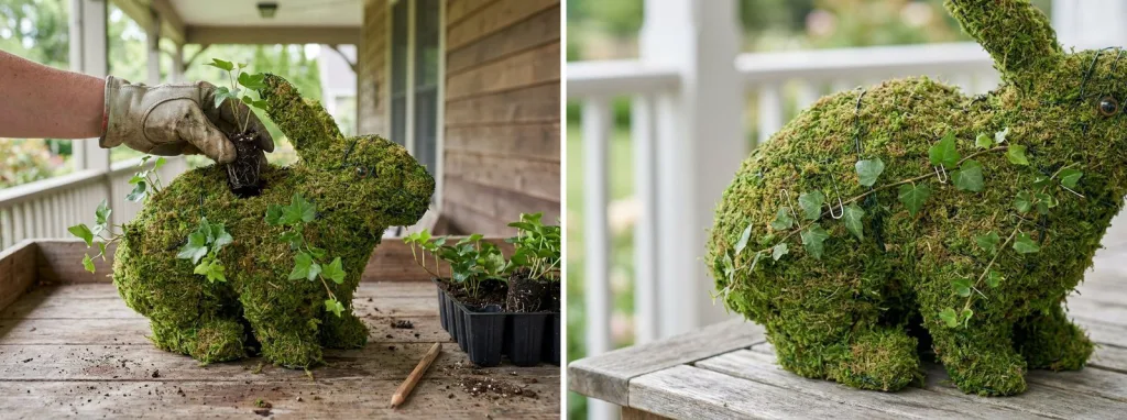 A gloved hand pushing a small rooted ivy plug into the back of a mossed rabbit topiary on a porch table, and a close-up of ivy stems pinned flat against the moss with U-shaped wire pins.