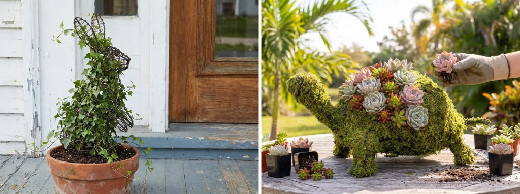 English ivy growing up a wire rabbit frame in a terracotta pot by a front door, and a mossed turtle topiary on a patio table being planted with small succulent rosettes.