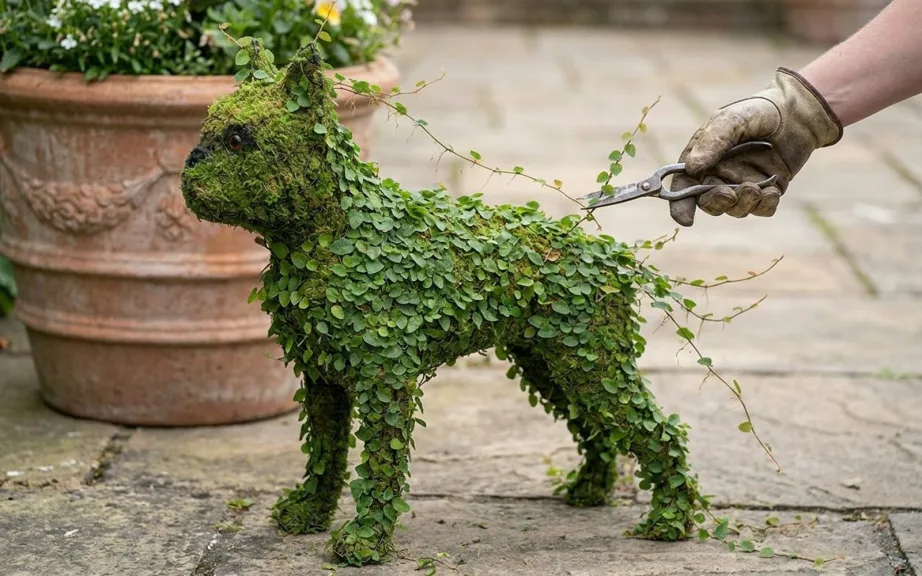 A gloved hand trimming a long runner from a Boston terrier topiary covered in creeping fig, on a stone patio beside a terracotta pot.