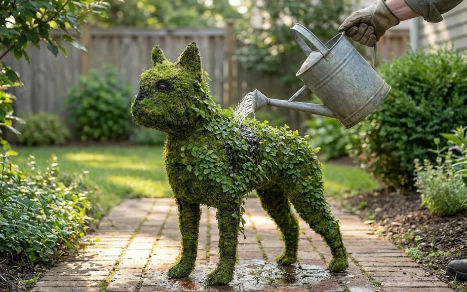 A gloved hand watering a creeping fig covered Boston terrier topiary with a galvanized watering can on a shaded brick path.