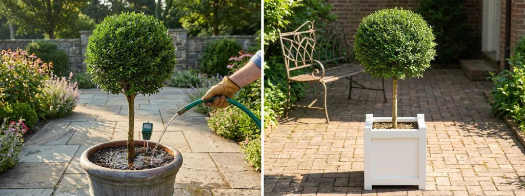 A gloved hand watering a boxwood ball on a stem in a stone pot on a patio, and a privet standard with a round head in a white planter in a brick courtyard.