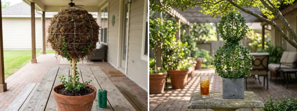 A wire ball packed with sphagnum moss on a wooden stem in a terracotta pot on a patio table, with creeping fig planted at the base, and a finished creeping fig ball on a stem in a gray pot on a patio.