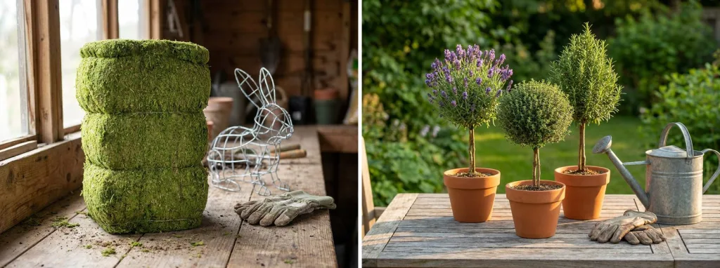 A stack of green sphagnum moss beside a bare wire rabbit frame on a potting bench, and small lavender, thyme and rosemary topiaries in terracotta pots on a patio table.