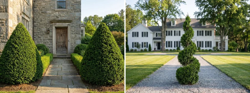 Two clipped yew cones either side of a stone path to a gray stone house, and a tall arborvitae spiral at the end of a gravel drive.