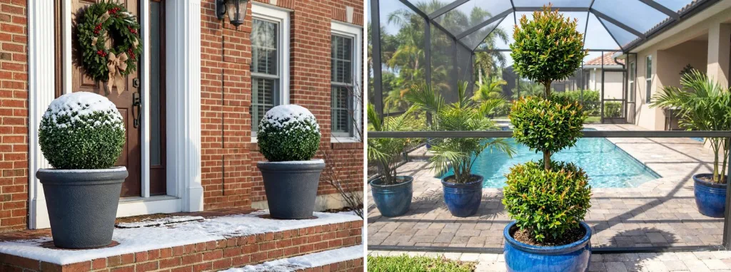 A pair of boxwood balls in gray pots dusted with snow by a brick front door, and a eugenia triple ball topiary in a blue glazed pot by a screened pool.