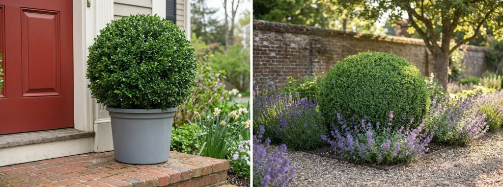 A clipped Japanese holly ball in a gray planter by a red front door, and a large boxwood ball among lavender in a gravel garden.
