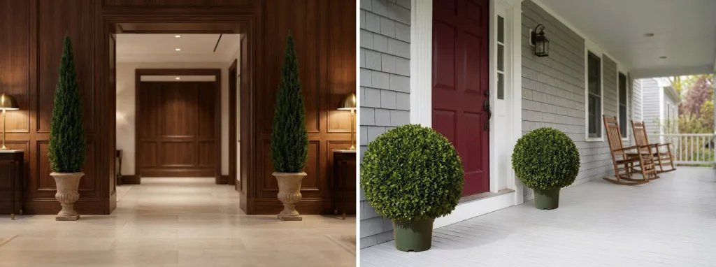 A pair of preserved cone topiaries in stone urns in a wood-paneled lobby, and a pair of artificial boxwood balls on a porch by a red front door.