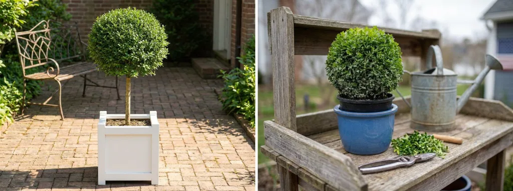 A privet standard with a round clipped head in a white planter in a brick courtyard, and a live boxwood ball in a blue pot on a potting table beside shears.