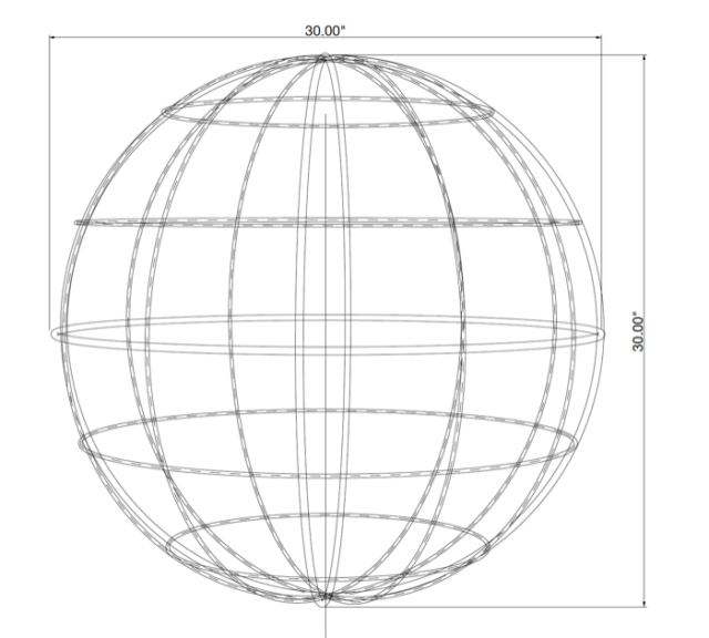 CAD line drawing of a 30 inch diameter globe wireframe, with dimension labels, not a photo.