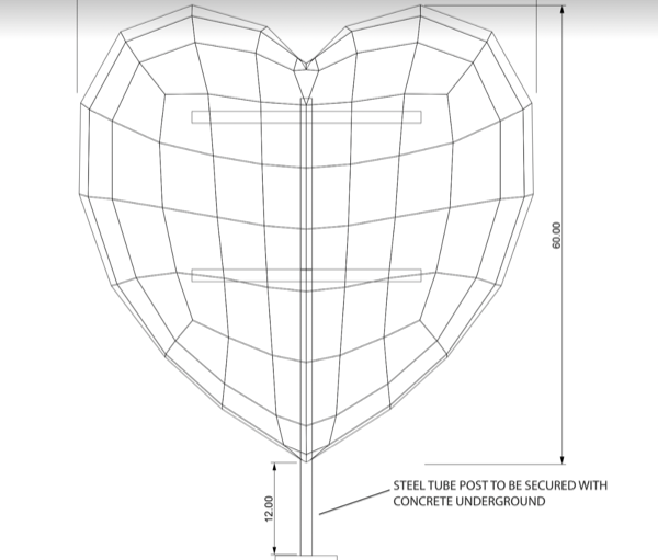 CAD drawing of the heart topiary, sixty inches tall on a steel tube post, annotated to be set in concrete underground