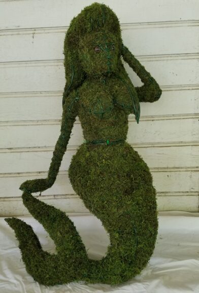 Weathered moss mermaid topiary photographed against a white wood wall