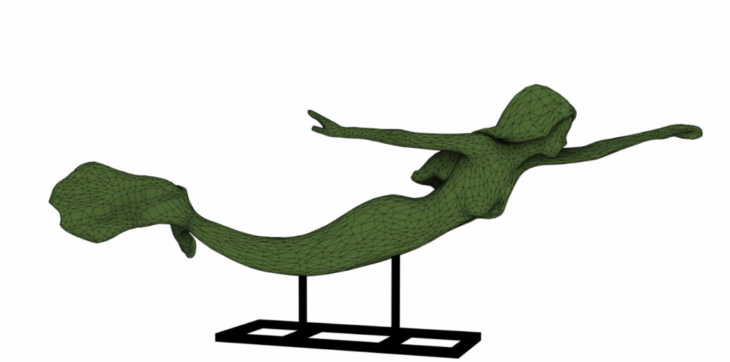 3D render of a moss-covered swimming mermaid topiary mounted on a stand