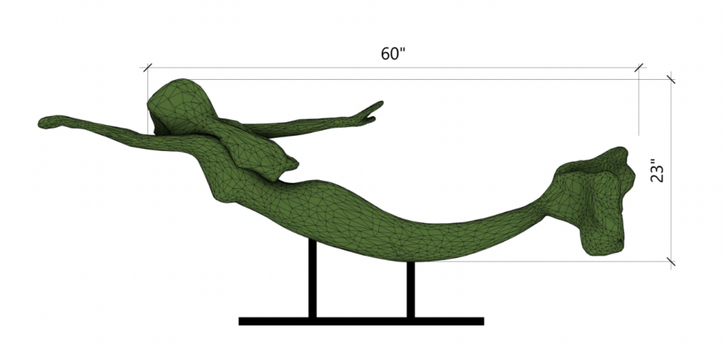 CAD render of a swimming mermaid topiary with 60 inch and 23 inch dimension callouts