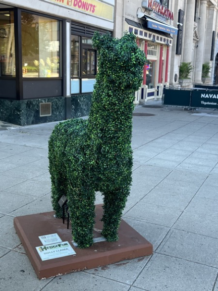 Green llama topiary on a city sidewalk plinth near a donut shop storefront