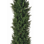 Cone-shaped artificial cypress tree in a dark, ridged planter on a white background.