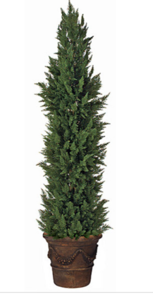 Cone-shaped artificial cypress tree in a dark, ridged planter on a white background.