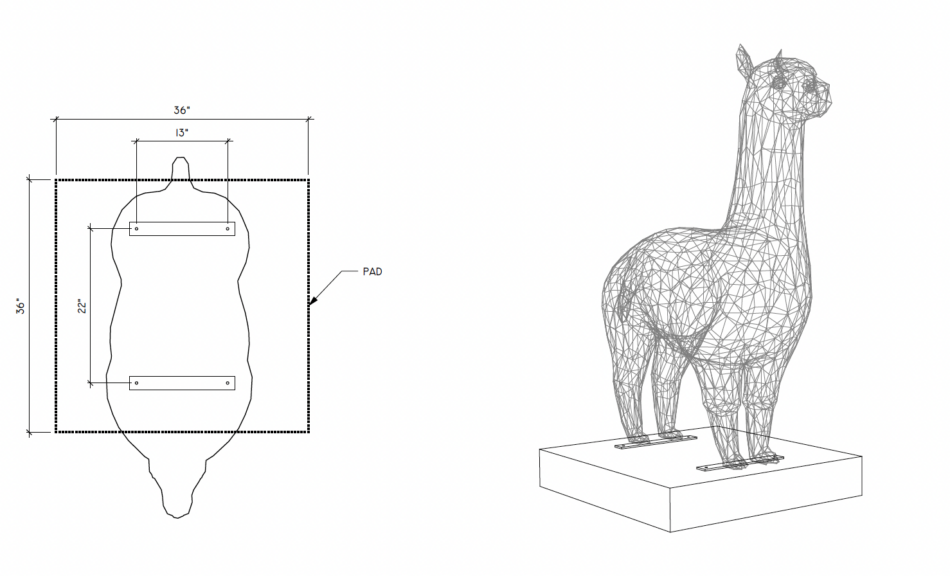 CAD line drawing of a llama topiary frame with a labeled base pad and dimensions