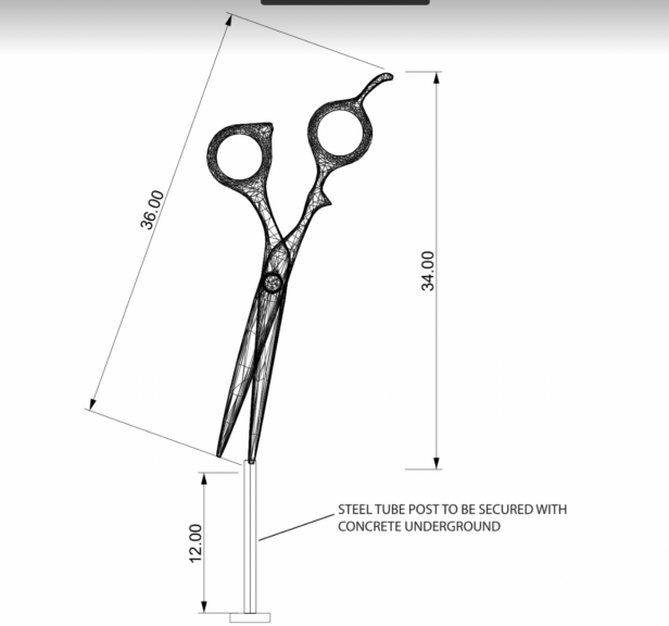 A CAD line drawing of the scissors topiary frame with dimension callouts and a note about a steel ground post.