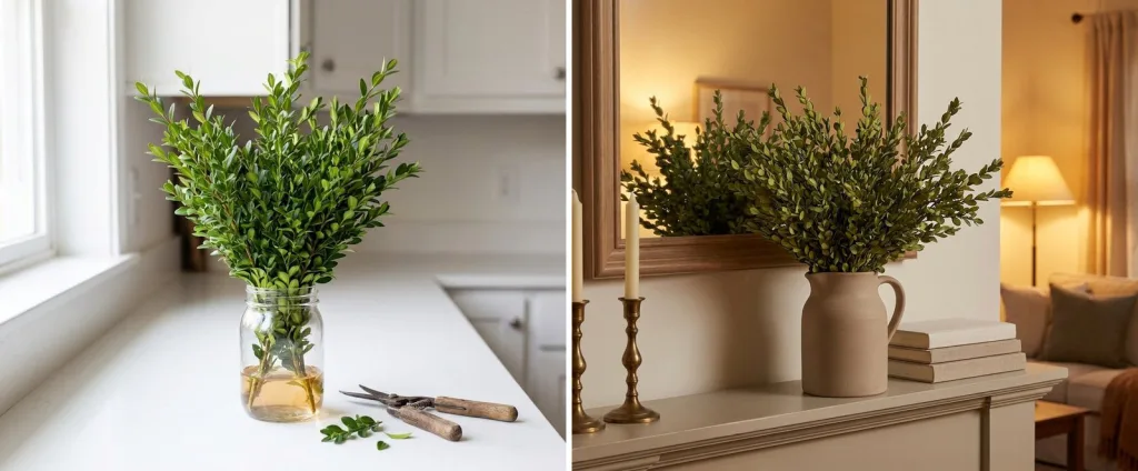 Cut boxwood branches standing in a clear jar of amber glycerin solution on a white kitchen counter beside pruning snips, and soft olive-green preserved boxwood branches in a stoneware pitcher on a living room mantel.