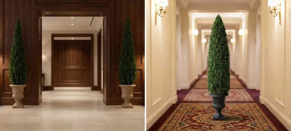 A pair of tall preserved cone topiaries in stone urns either side of a paneled hotel lobby doorway, and a tall preserved cone in a black urn at the end of a carpeted hotel corridor.