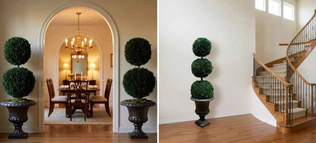 A pair of preserved boxwood double ball topiaries in black urns either side of an arched doorway to a dining room, and a preserved boxwood triple ball topiary in a black urn beside a curving staircase.