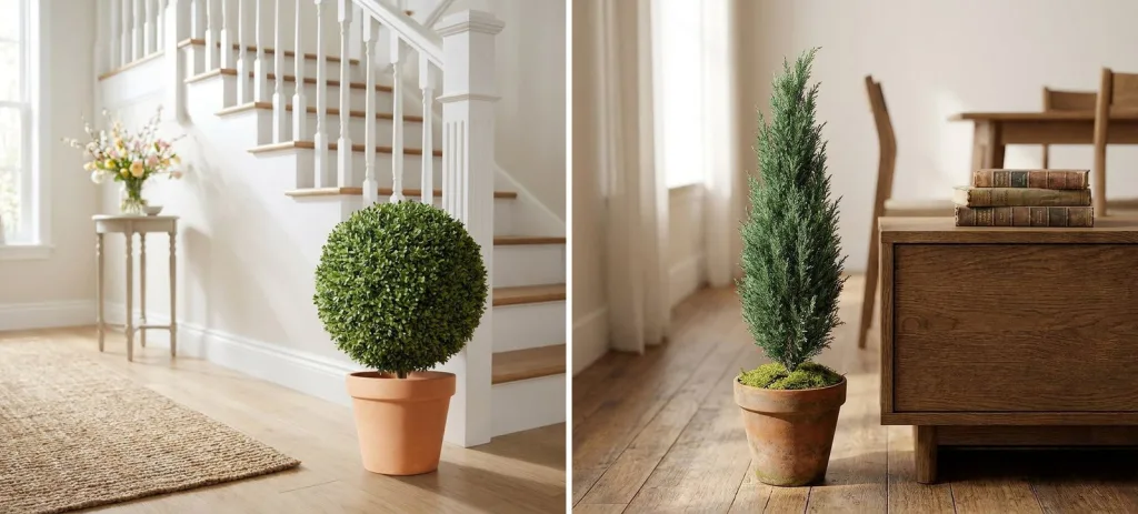 A round preserved boxwood ball in a terracotta pot at the foot of a white staircase, and a preserved juniper cone in a terracotta pot beside a wooden sideboard.