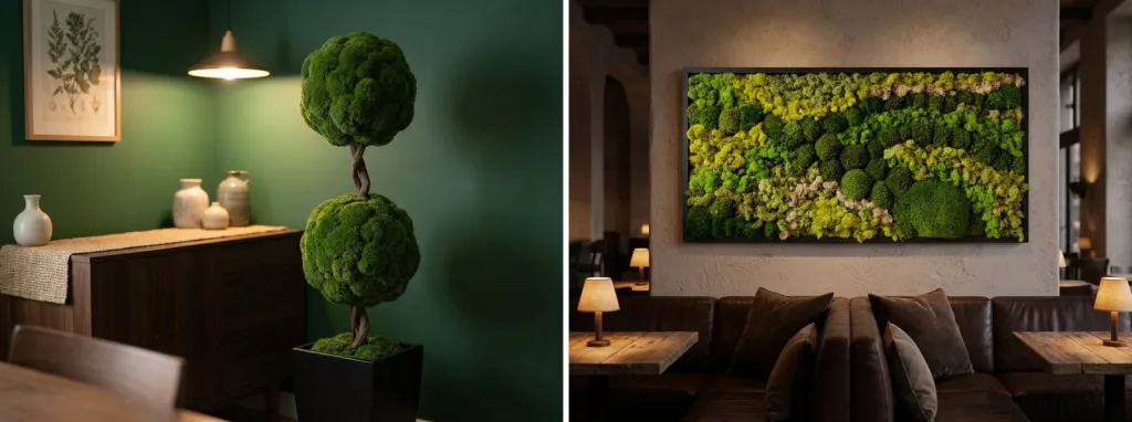 A preserved moss double ball topiary in a black pot against a dark green wall beside a sideboard, and a framed preserved moss wall panel above a leather sofa in a dim lounge.
