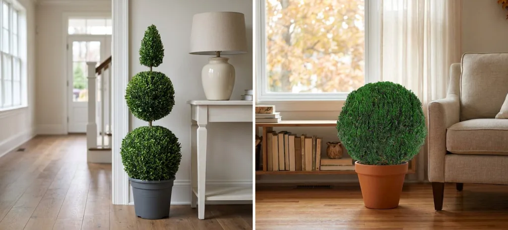 A preserved boxwood ball and cone topiary in a gray pot beside a console table in a bright hallway, and a preserved juniper globe in a terracotta pot beside an armchair in a living room.