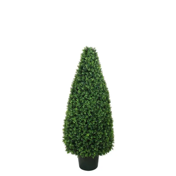 A single artificial cone-shaped topiary in a black pot, dense green foliage, on a white background