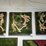 Three framed wall panels: the outer two with driftwood branches on moss, the centre with pebbles and ferny foliage