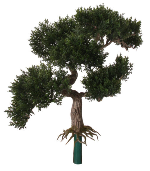 Artificial cedar bonsai with layered green foliage on a twisting trunk, roots spreading into a green display stand