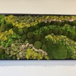 Rectangular wall art framed in black wood, filled with green and gold-toned moss in a mottled pattern.
