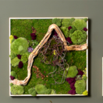Three framed panels of preserved moss in green and magenta tones, the largest crossed by a driftwood branch.