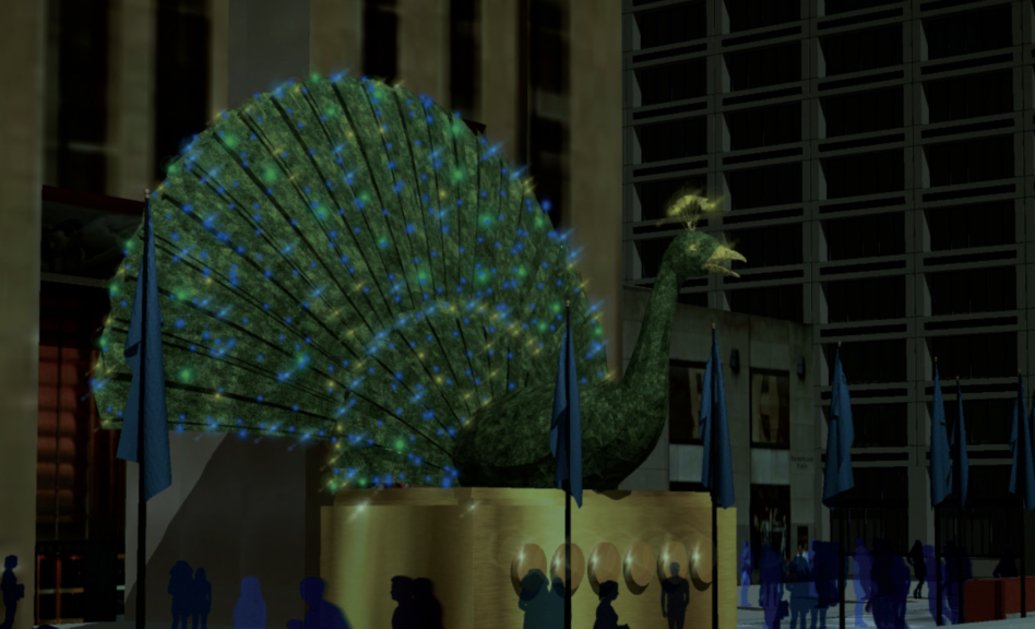 Digitally rendered nighttime scene of the lit peacock topiary, wider crop