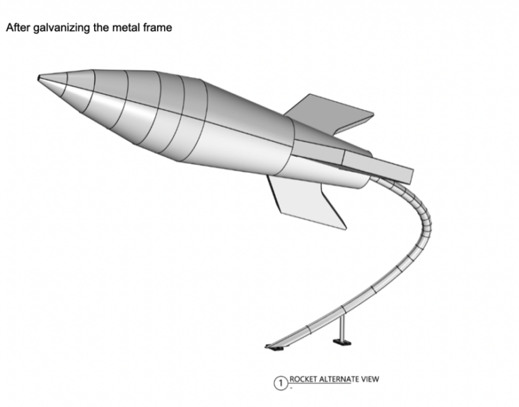 CAD line drawing of the rocket topiary showing its outline and construction notes, no photo of the finished piece