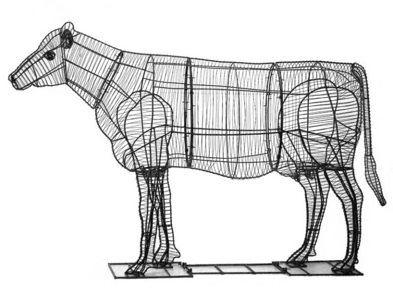Bare welded wire cow frame on a steel base plate, ribs and leg structure visible against a white background