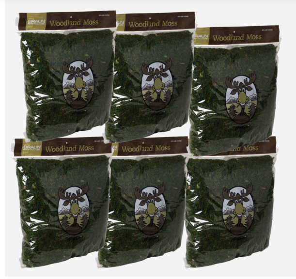 Six bags of dark green moss stacked in rows, each labeled 'Woodland Moss, 820 cubic inches' with a moose logo.