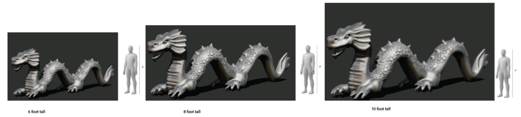 CAD render of a long serpentine dragon sculpture concept, three scales shown