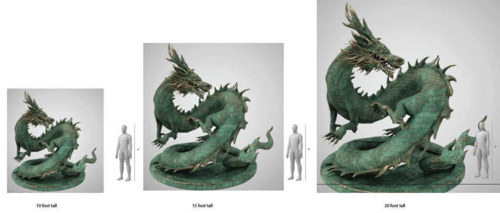 CAD render of a spiky, coiled dragon sculpture concept on a round base