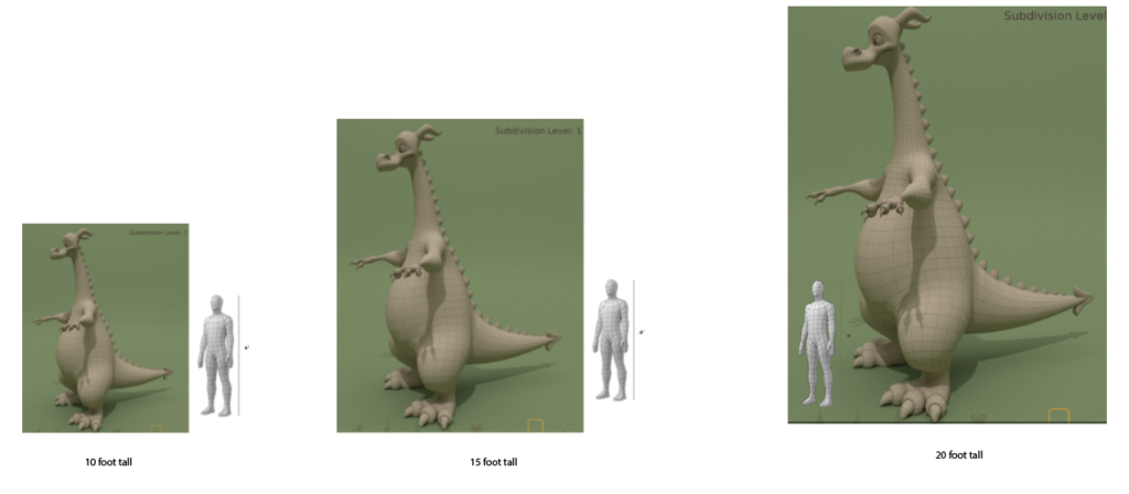 CAD render of a green, bipedal dragon-like creature concept at three scales