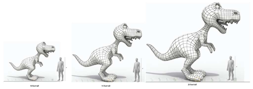 CAD size-comparison renders of a bipedal dinosaur-shaped sculpture concept, three scales shown