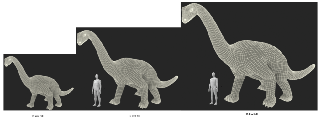 CAD size-comparison renders of a long-necked, four-legged dinosaur sculpture concept