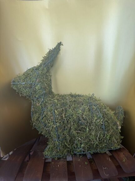 Mossed rabbit topiary in profile on a wooden slat bench, loose sphagnum shed around its base