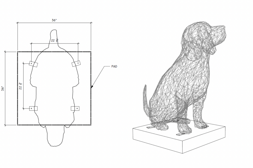 CAD line drawing of a dog topiary frame with dimension labels and mounting-pad markings
