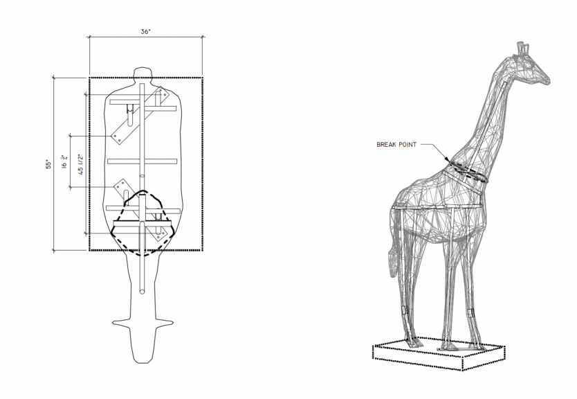 CAD drawing of a giraffe topiary frame section with dimension callouts and a break point label