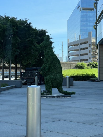 Side profile of the kangaroo topiary standing in a paved plaza near a parking garage